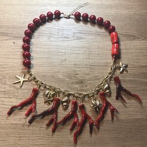 Boho Red Coral Branch Charm Seashell Ocean Summer Beach Necklace Choker